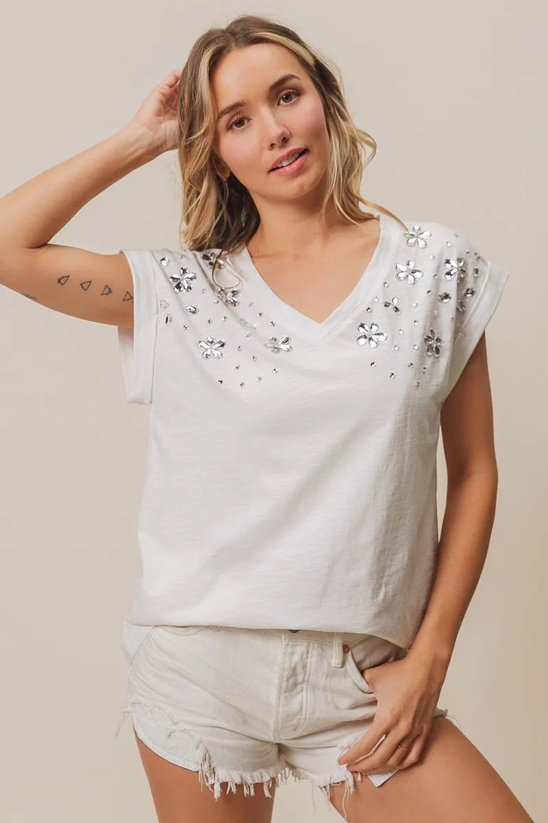 Image of BiBi Slub Jersey Rhinestone V Neck Top | Queeble.shop