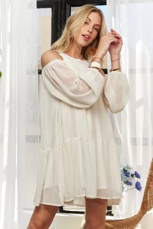 Image of ADORA Cold Shoulder Balloon Sleeve Mini Dress | Queeble.shop