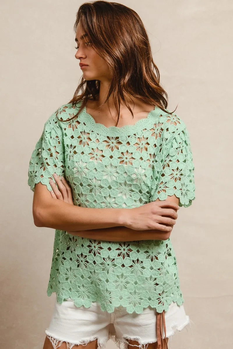 Image of BiBi Openwork Crochet Short Sleeve Knit Top | Queeble.shop