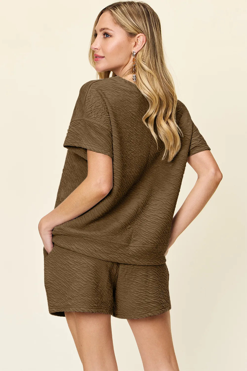Image of Double Take Full Size Texture Short Sleeve T-Shirt and Drawstring Shorts Set | Queeble.shop