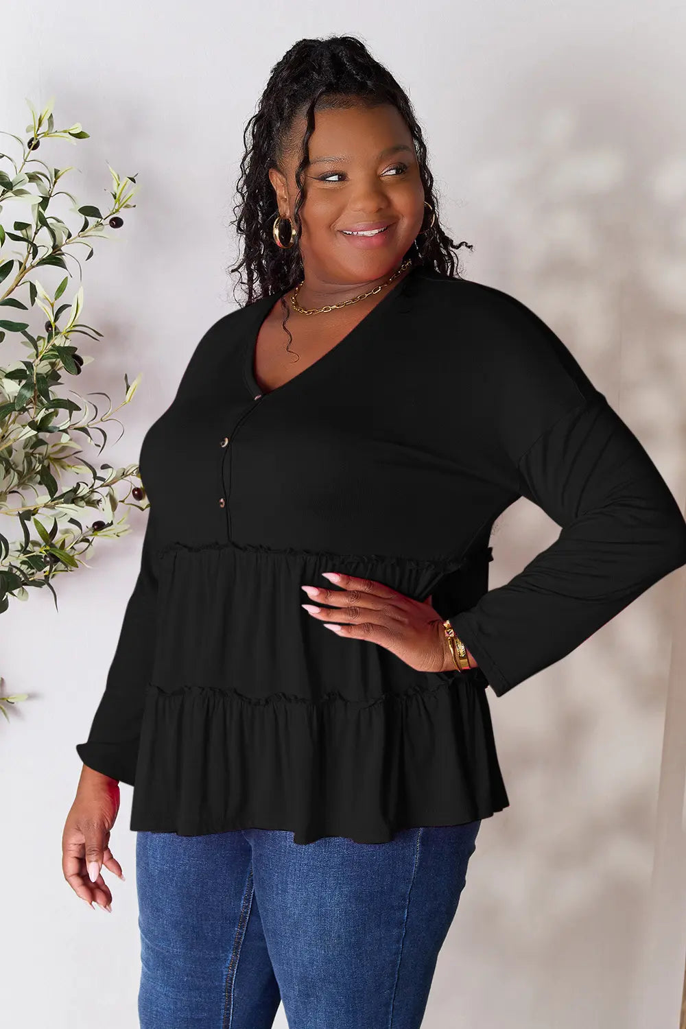 Image of Double Take Half Button Long Sleeve Ruffle Hem Blouse | Queeble.shop
