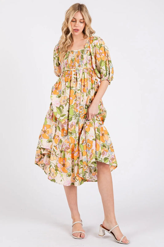 Image of Mittoshop Flower Print Puff Sleeve Ruffle Smocked Midi Dress | Queeble.shop