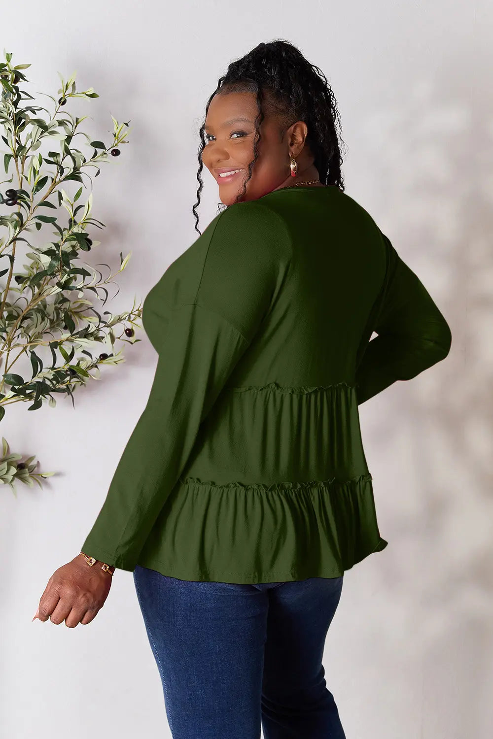 Image of Double Take Half Button Long Sleeve Ruffle Hem Blouse | Queeble.shop