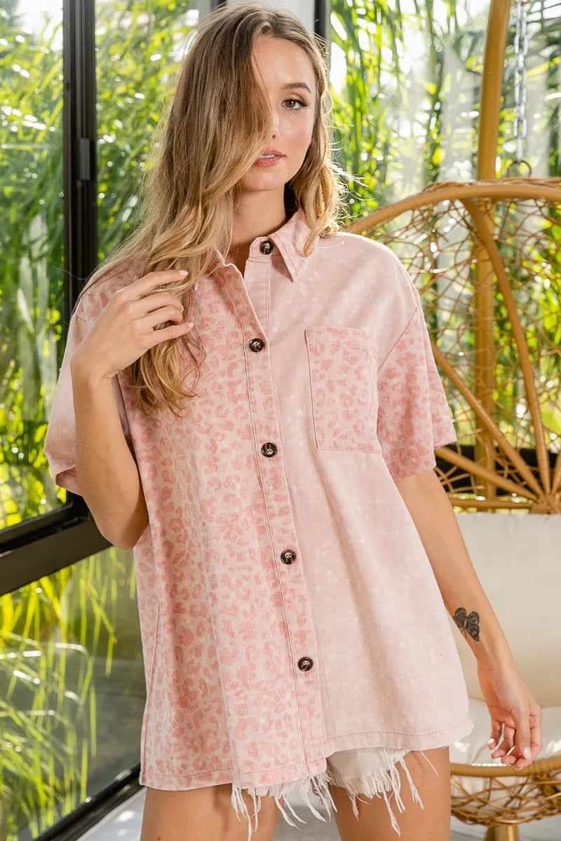 Image of BiBi Mineral Washed Leopard Print Short Sleeve Shirt | Queeble.shop