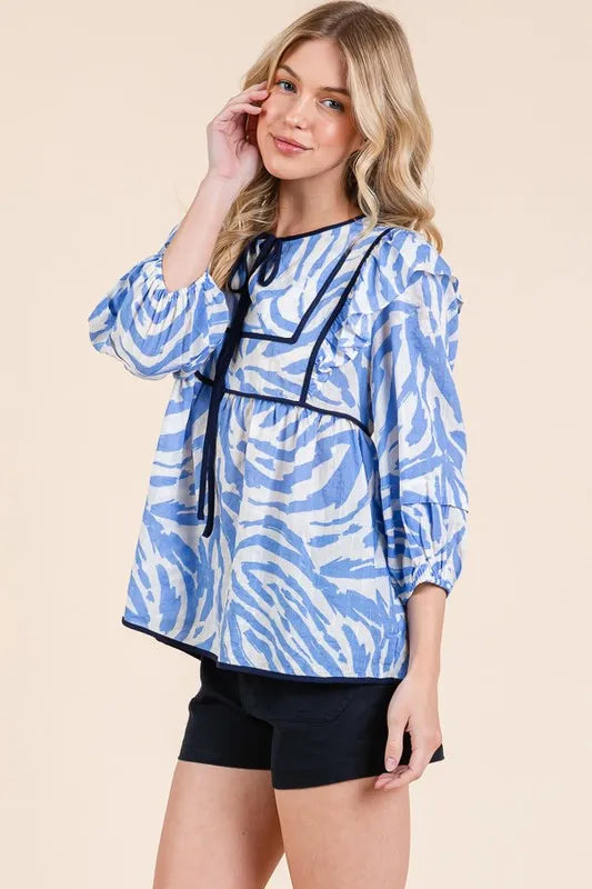 Image of Lime 'N' Chili Graphic Print Solid Trim Quarter Sleeve Blouse | Queeble.shop
