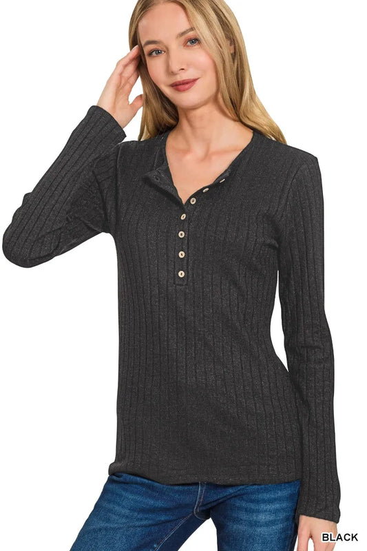 Image of Zenana Ribbed Long Sleeve Half Button Top | Queeble.shop