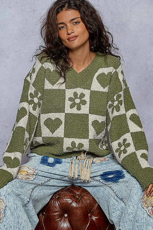 Image of POL V-Neck Heart Pattern Checkered Sweater | Queeble.shop