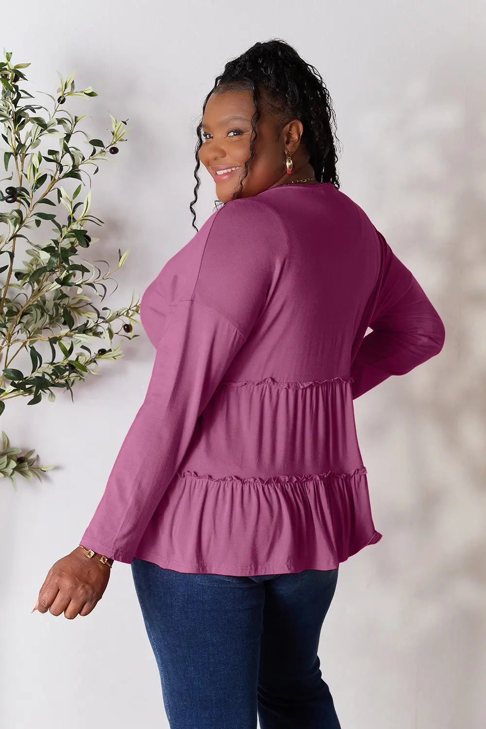 Image of Double Take Half Button Long Sleeve Ruffle Hem Blouse | Queeble.shop