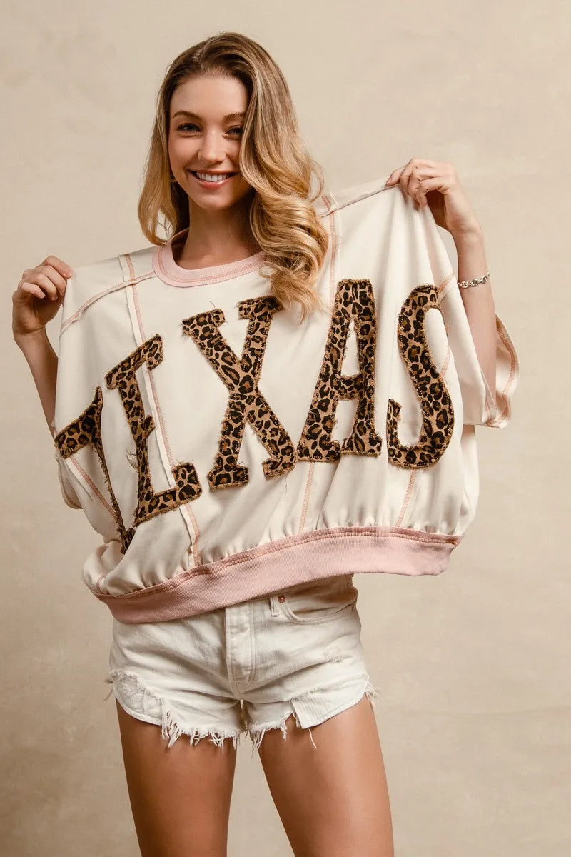 Image of BiBi Leopard Print Texas Patchwork Overlock Stitch Top | Queeble.shop