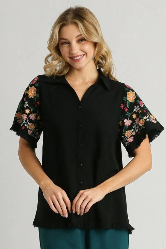 Image of Umgee Full Size Linen Shirt with Embroidered Sleeves Plus Size | Queeble.shop