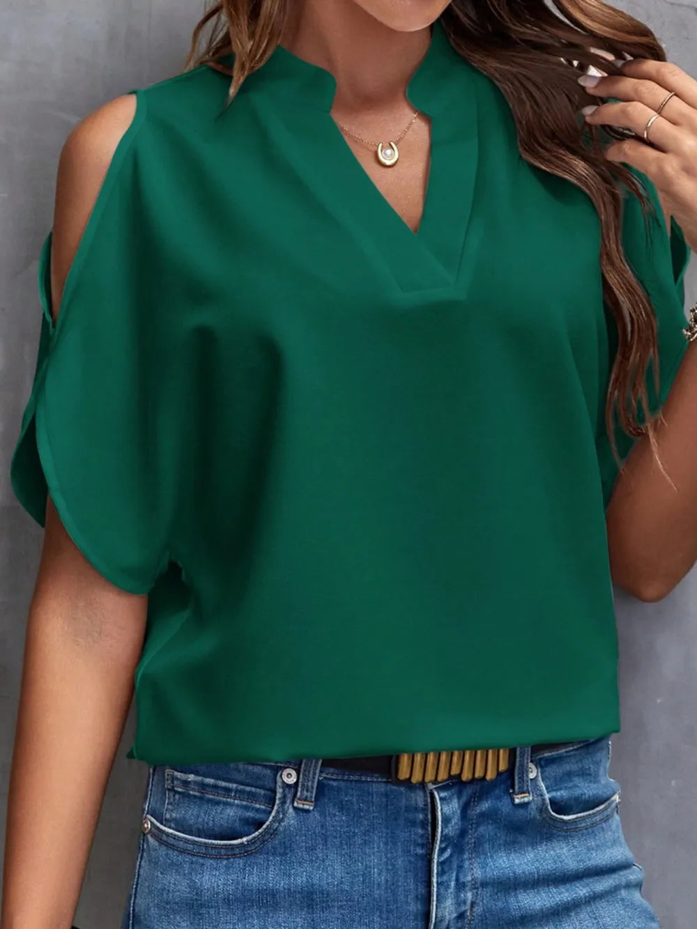 Image of Notched Cold Shoulder Blouse | Queeble.shop