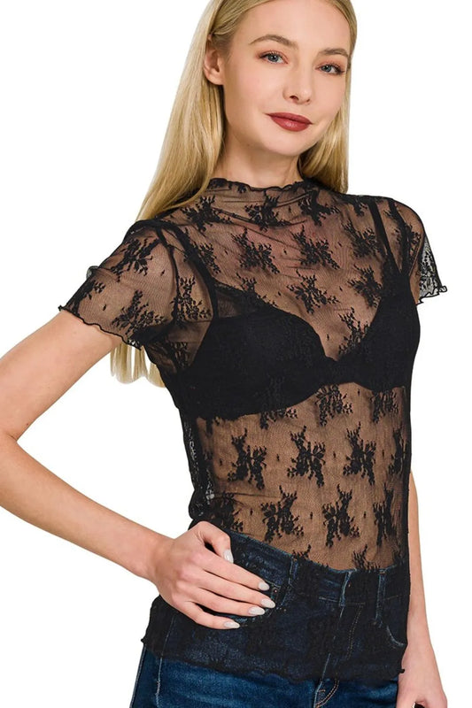 Image of Zenana Lace See-through Layering Short Sleeve Top | Queeble.shop