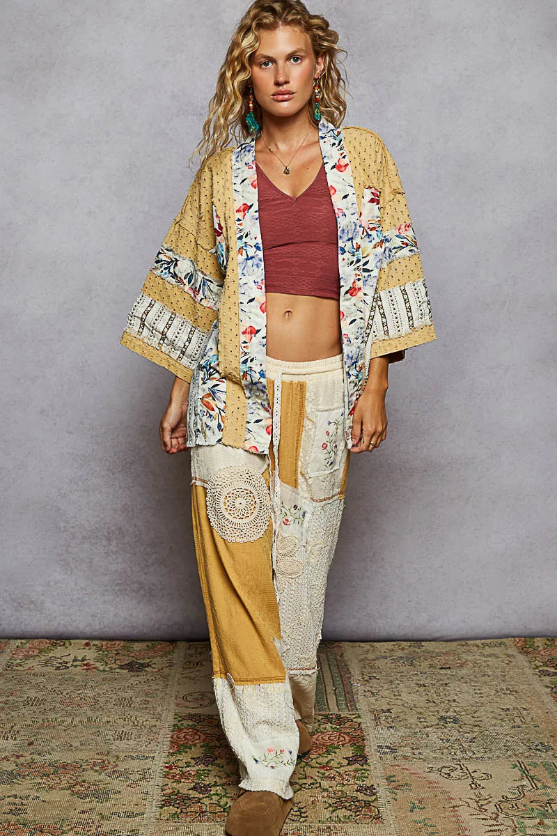 Image of POL Raw Edge Open Front Patchwork Cardigan with Floral Trim | Queeble.shop