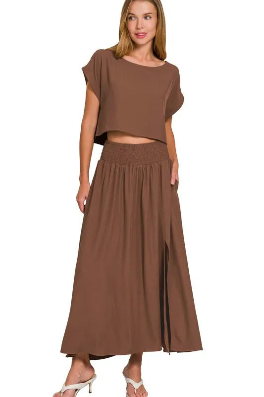 Image of Zenana Heavy Woven Span Crop Tee & Skirt Set | Queeble.shop