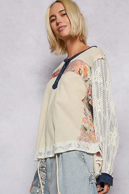 Image of POL Button Detail Floral Patchwork Crochet Sleeve Blouse | Queeble.shop