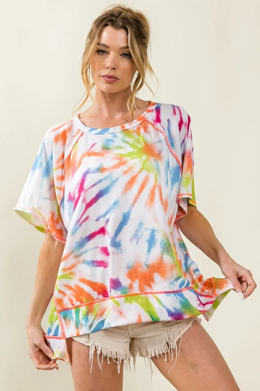 Image of BiBi Tie Dye Print Jersey Stitched Uneven Hem Top | Queeble.shop