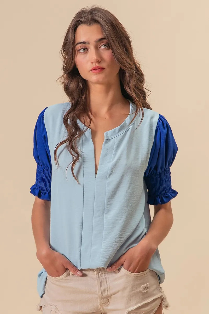 Image of BiBi Air Flow Color Block Puff Sleeves V Neck Top | Queeble.shop
