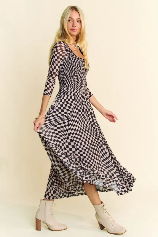 Image of Davi & Dani Printed Checker Mesh Flowy Maxi Dress | Queeble.shop