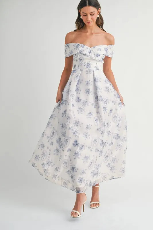 Image of MABLE Floral Printed Off Shoulder Maxi Dress | Queeble.shop