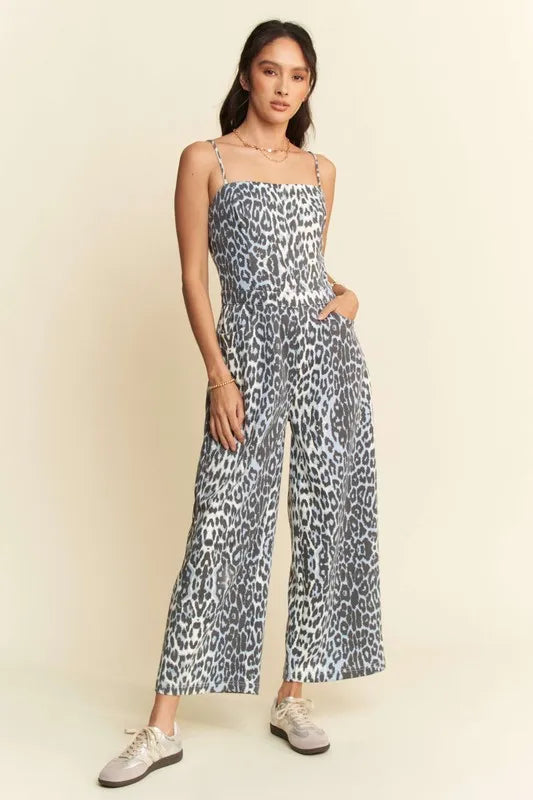 Image of Davi & Dani Leopard Spaghetti Straps Wide Leg Jumpsuit | Queeble.shop