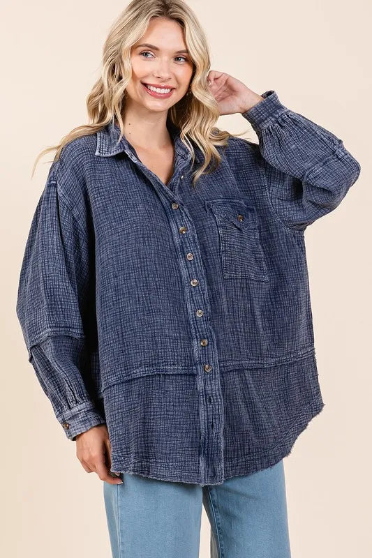 Image of Mittoshop Textured Collared Neck Long Sleeve Shirt | Queeble.shop