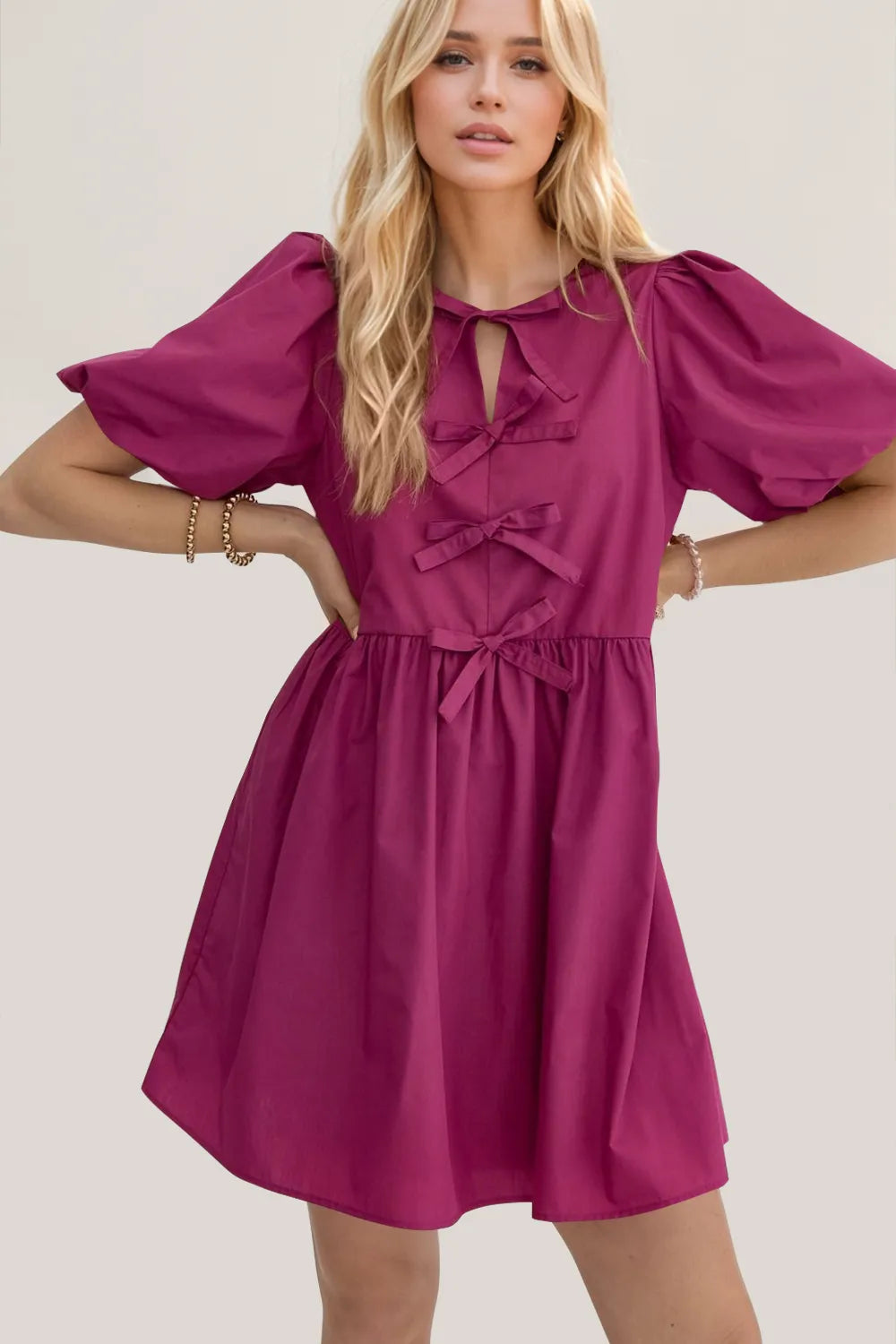 Image of Oh Bow Ruched Puff Sleeve Mini Dress | Queeble.shop