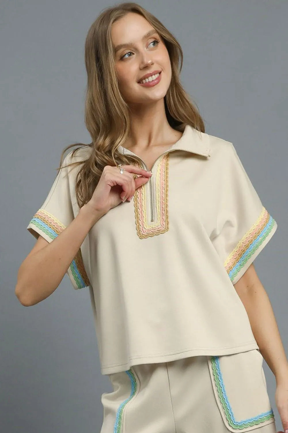 Image of Umgee Contrast Trim Half Zip Collared Blouse | Queeble.shop