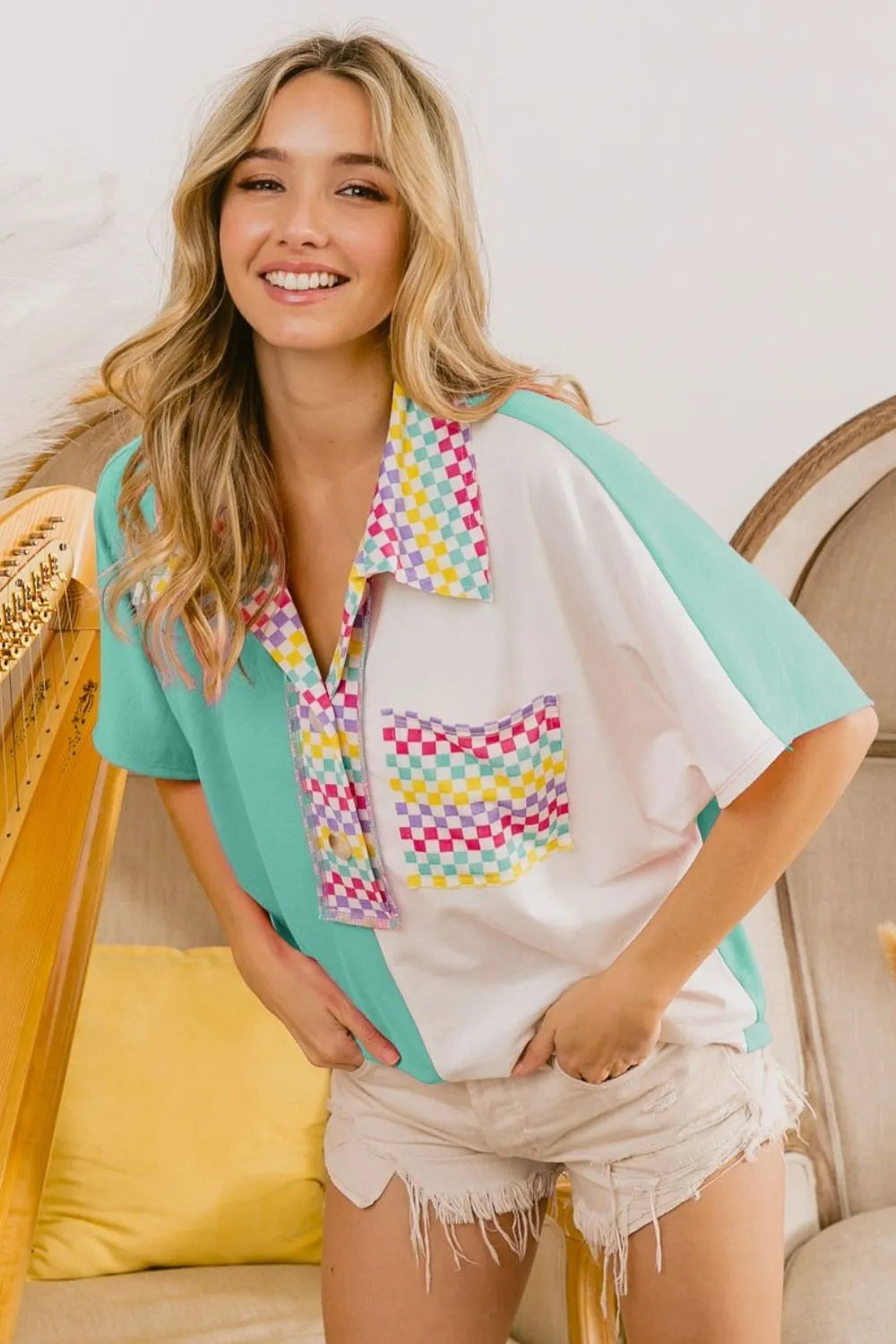 Image of BiBi Color Block Knit with Multi Checker Contrast Top | Queeble.shop