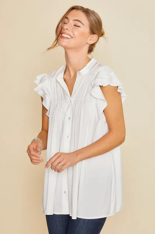 Image of Annie Wear Ruffle Sleeve Shirred Flowy Woven Tunic Shirts | Queeble.shop
