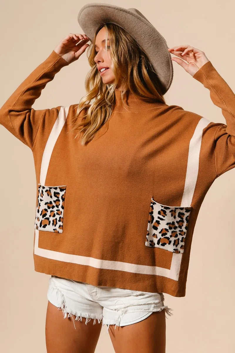 Image of BiBi Mock Neck Sweater with Leopard Pocket | Queeble.shop