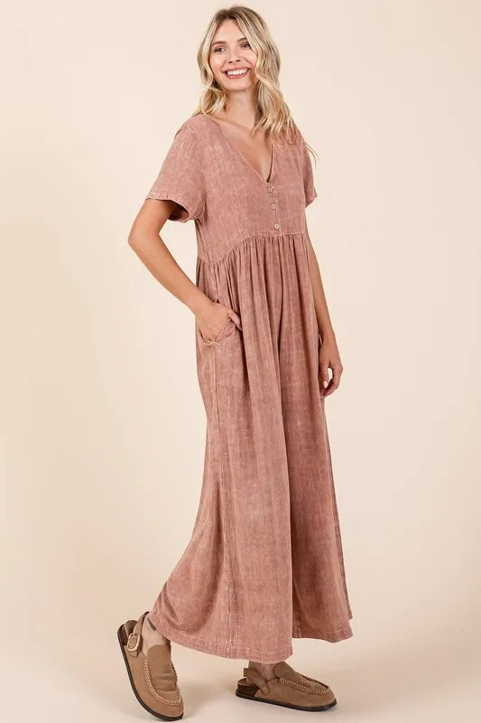 Image of Mittoshop Mineral Wash Short Sleeve Flowy Wide Leg Jumpsuit | Queeble.shop