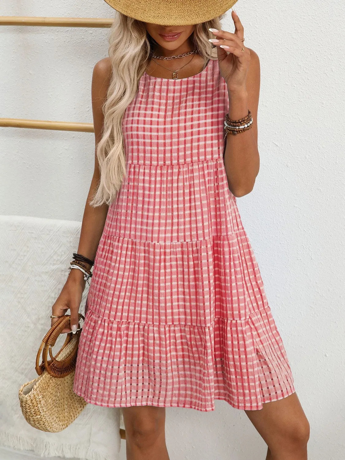 Image of Plaid Round Neck Sleeveless Mini Dress | Queeble.shop