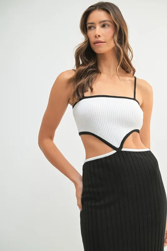 Image of MABLE Ribbed Knit Color Block Cutout Midi Dress | Queeble.shop