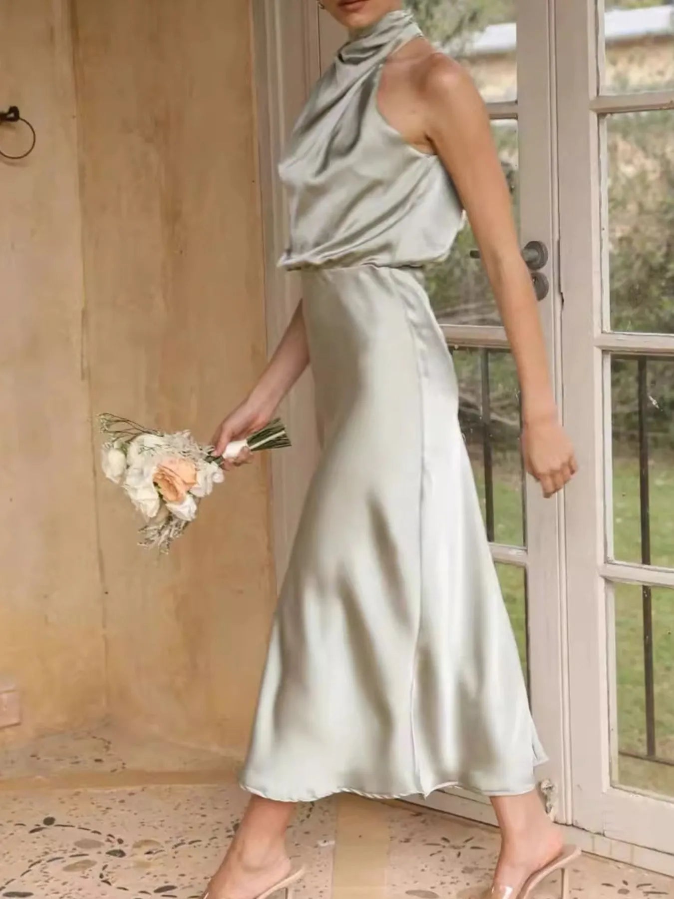Image of Asymmetrical Ruched Sleeveless Midi Dress | Queeble.shop