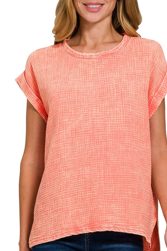 Image of Zenana Woven Double Gauze Acid Washed Short Sleeve Top | Queeble.shop