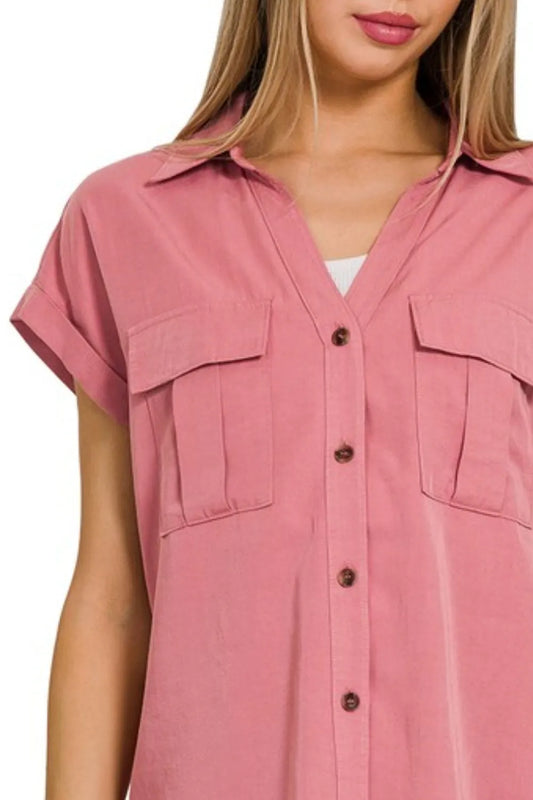 Image of Zenana Tencel V-neck Collared Top W Front Flap Pockets | Queeble.shop