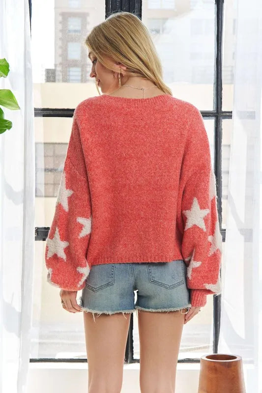 Image of ADORA Full Size Star Contrast Round Neck Sweater Plus Size | Queeble.shop