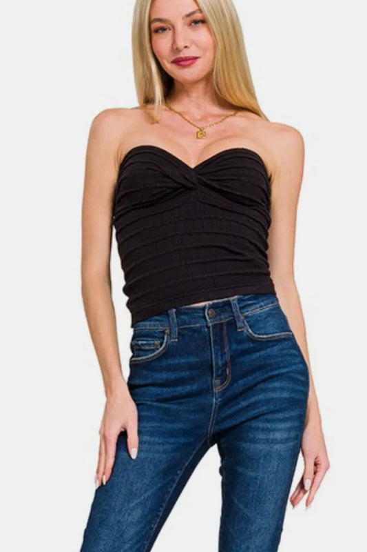 Image of Zenana Ruched Twisted Sweetheart Neck Top | Queeble.shop