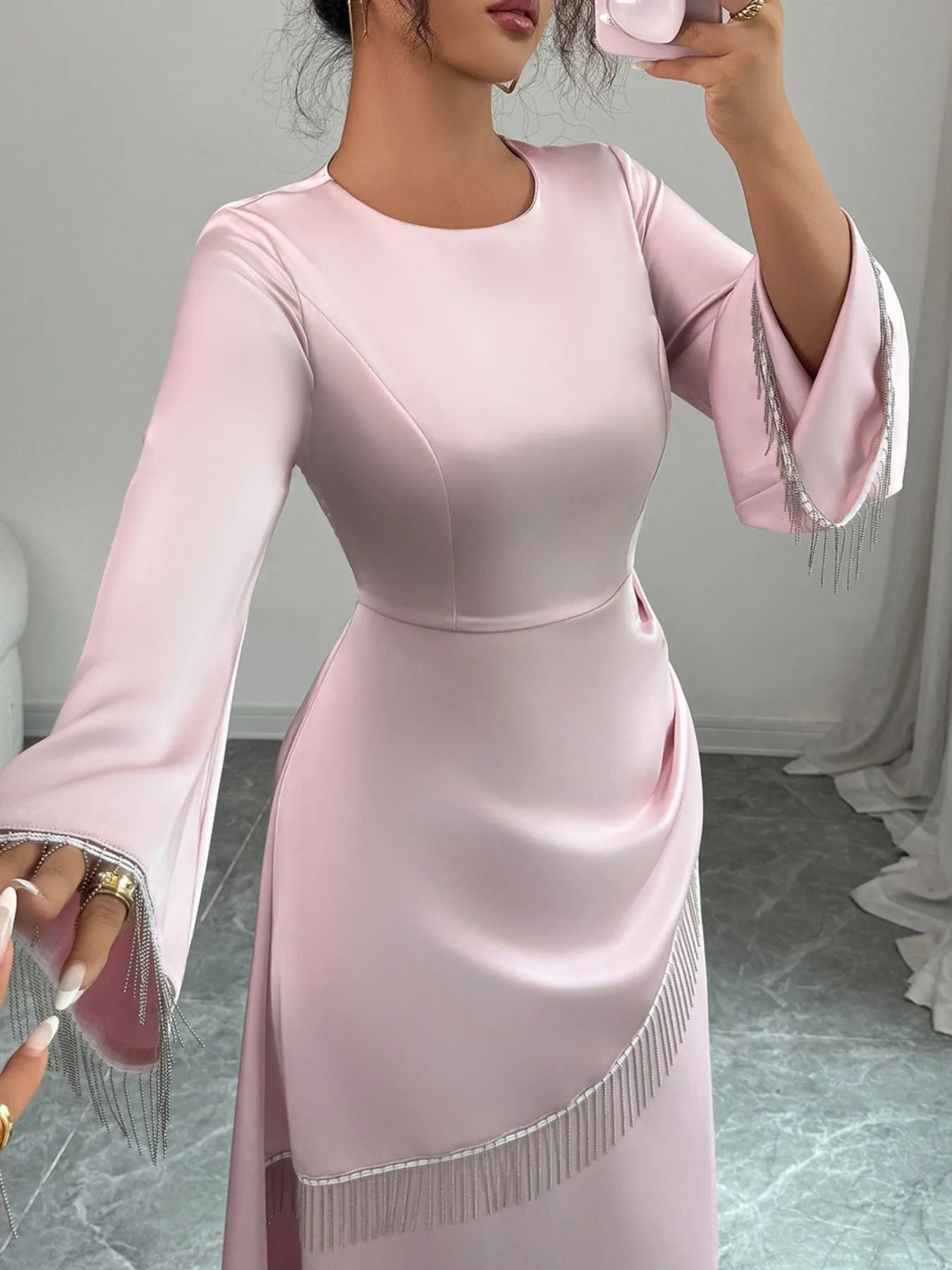 Image of Fringe Long Sleeve Bodycon Maxi Dress | Queeble.shop