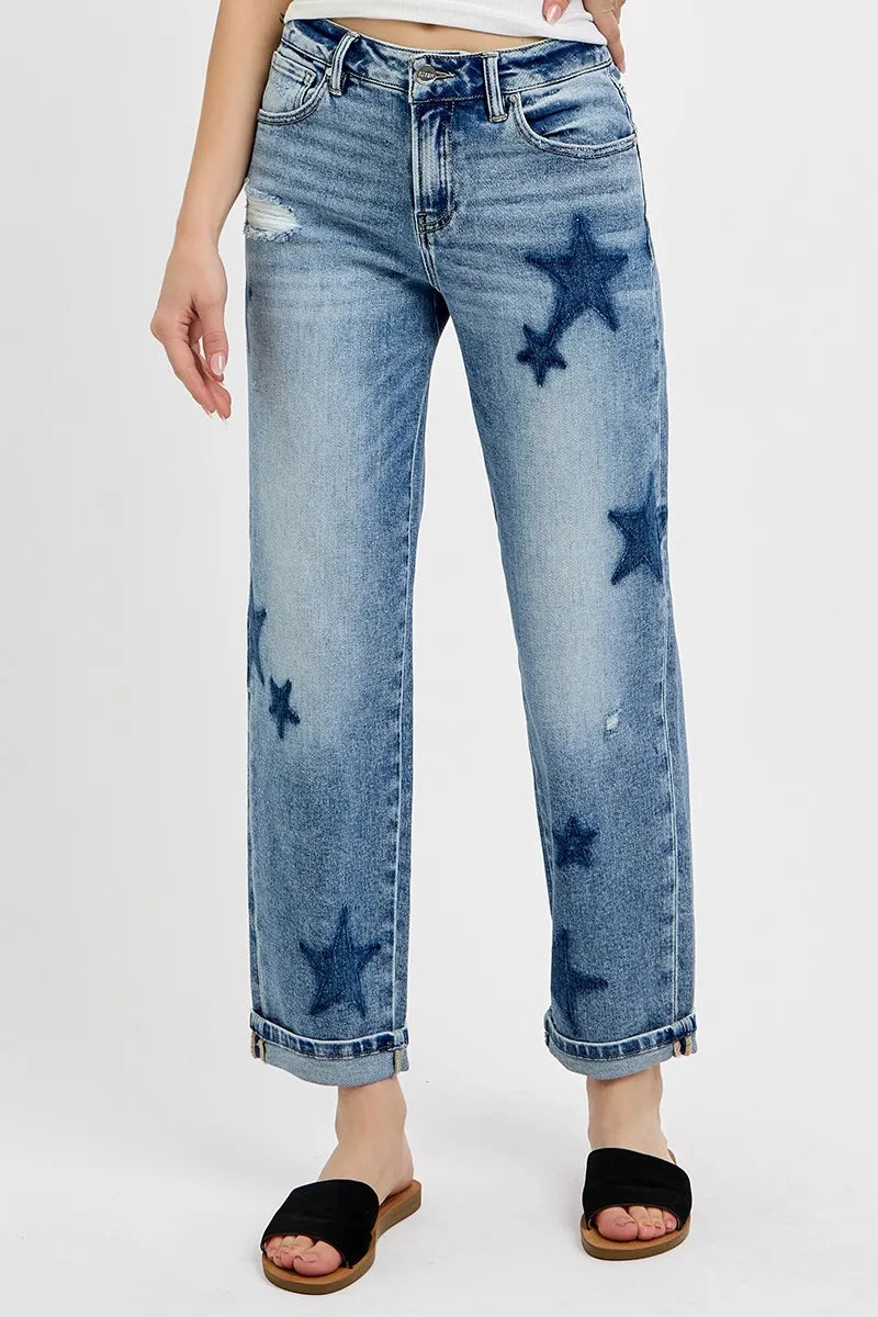 Image of RISEN Full Size Mid Rise Boyfriend Star Shadow Detail Cuffed Jeans Plus Size | Queeble.shop