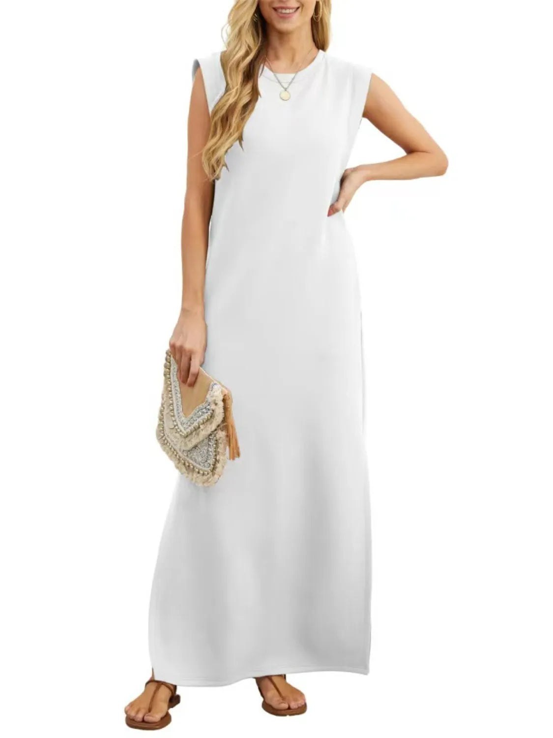 Image of Full Size Slit Round Neck Sleeveless Maxi Tank Dress Plus Size | Queeble.shop