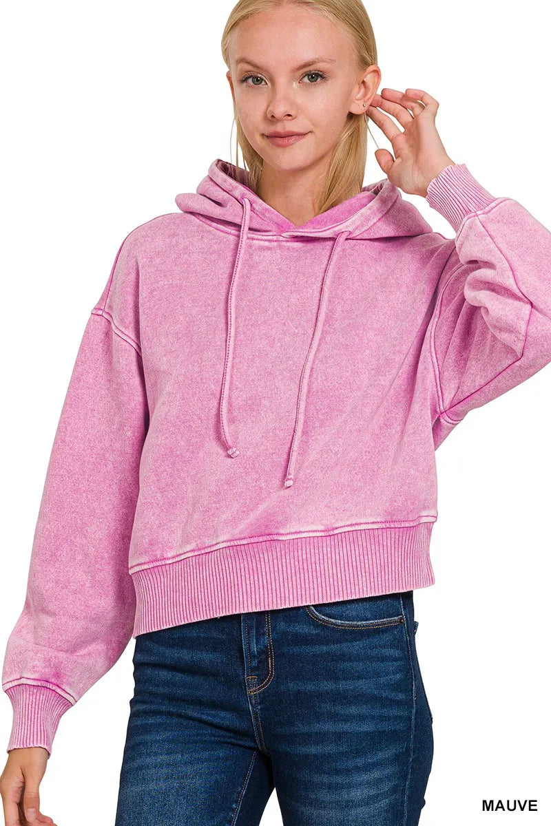 Image of Zenana Acid Wash Fleece Drawstring Cropped Hoodie | Queeble.shop