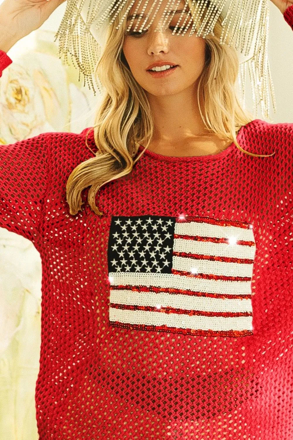 Image of BiBi Sequin American Flag Patch Open Knit Cover Up | Queeble.shop