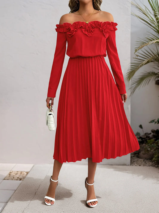 Image of Off-Shoulder Ruffle Pleated Midi Dress | Queeble.shop