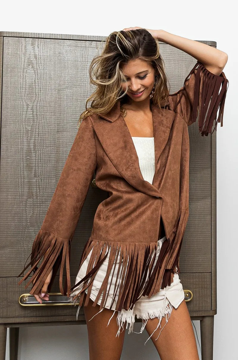 Image of BiBi Suede Single Blazer with Fringed Hem | Queeble.shop