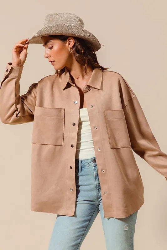 Image of SO ME Faux Sued Snap Shacket with Collar and Pockets | Queeble.shop