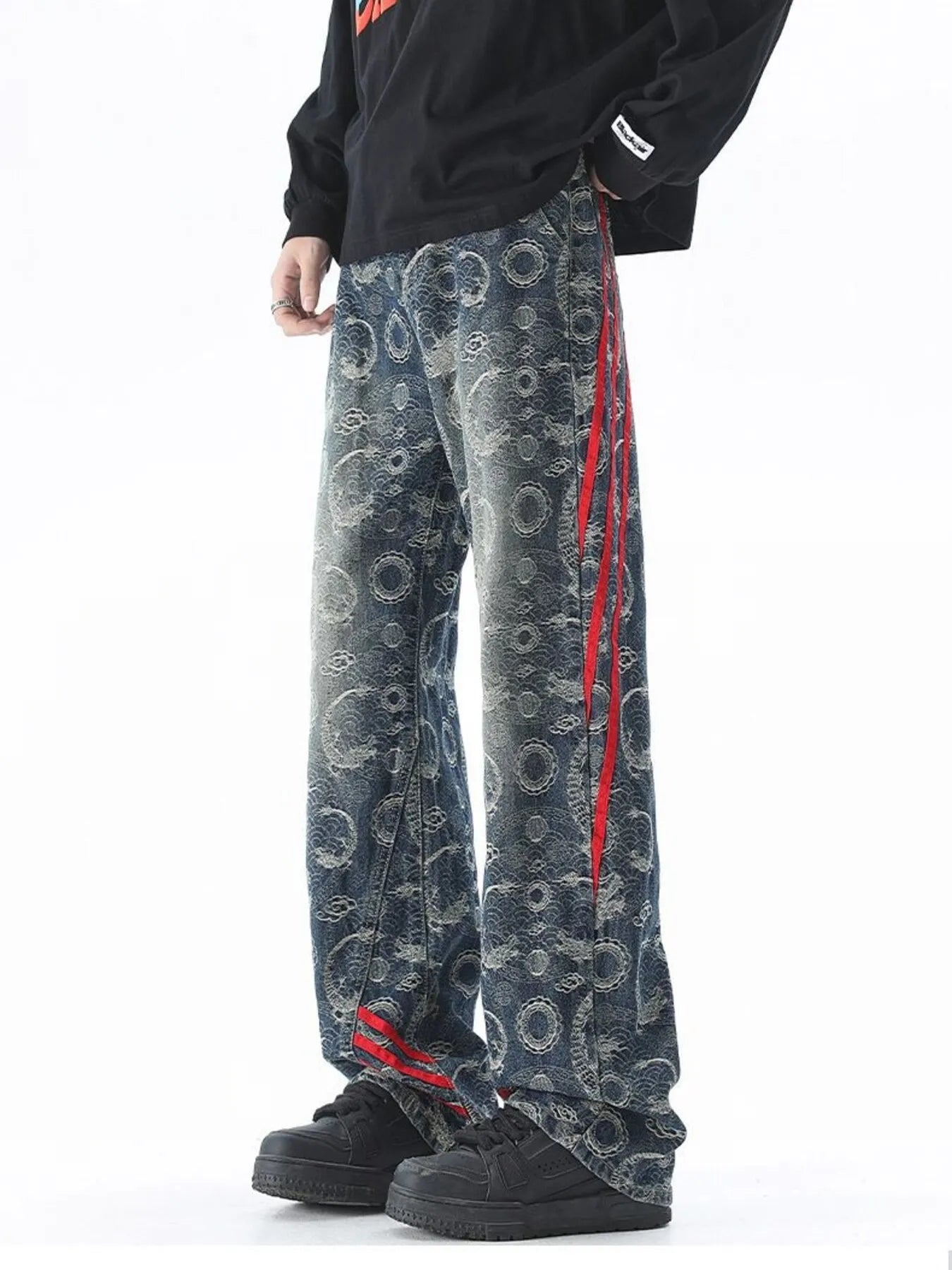 Image of Men's Plus Size Contrast Striped Wide Leg Jeans | Queeble.shop