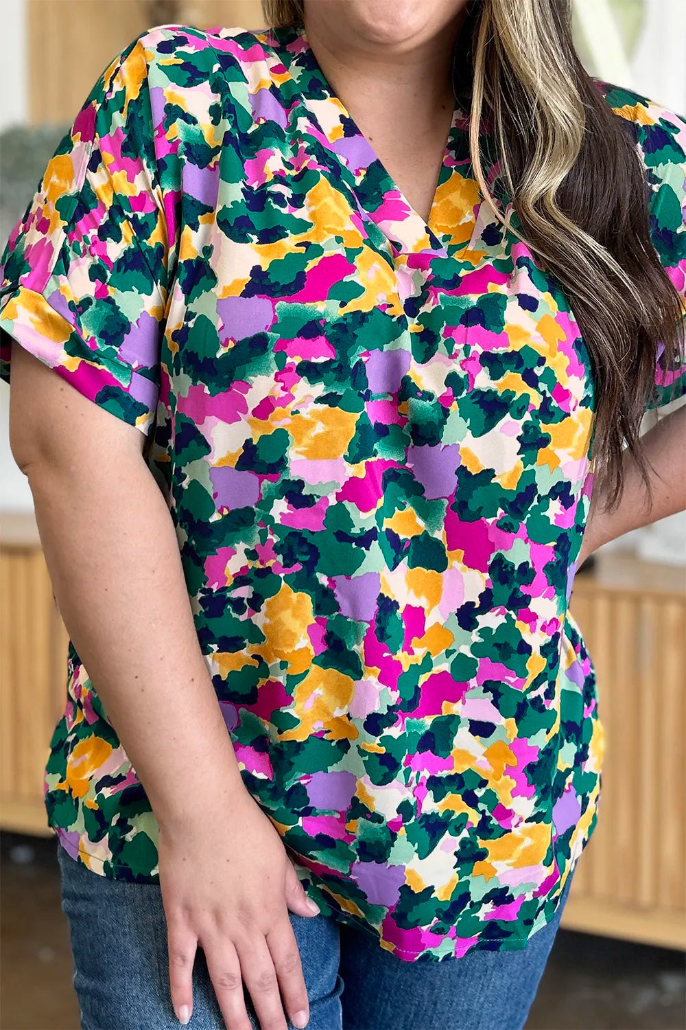 Image of Double Take Full Size Printed V-Neck Short Sleeve Side Slit Top | Queeble.shop