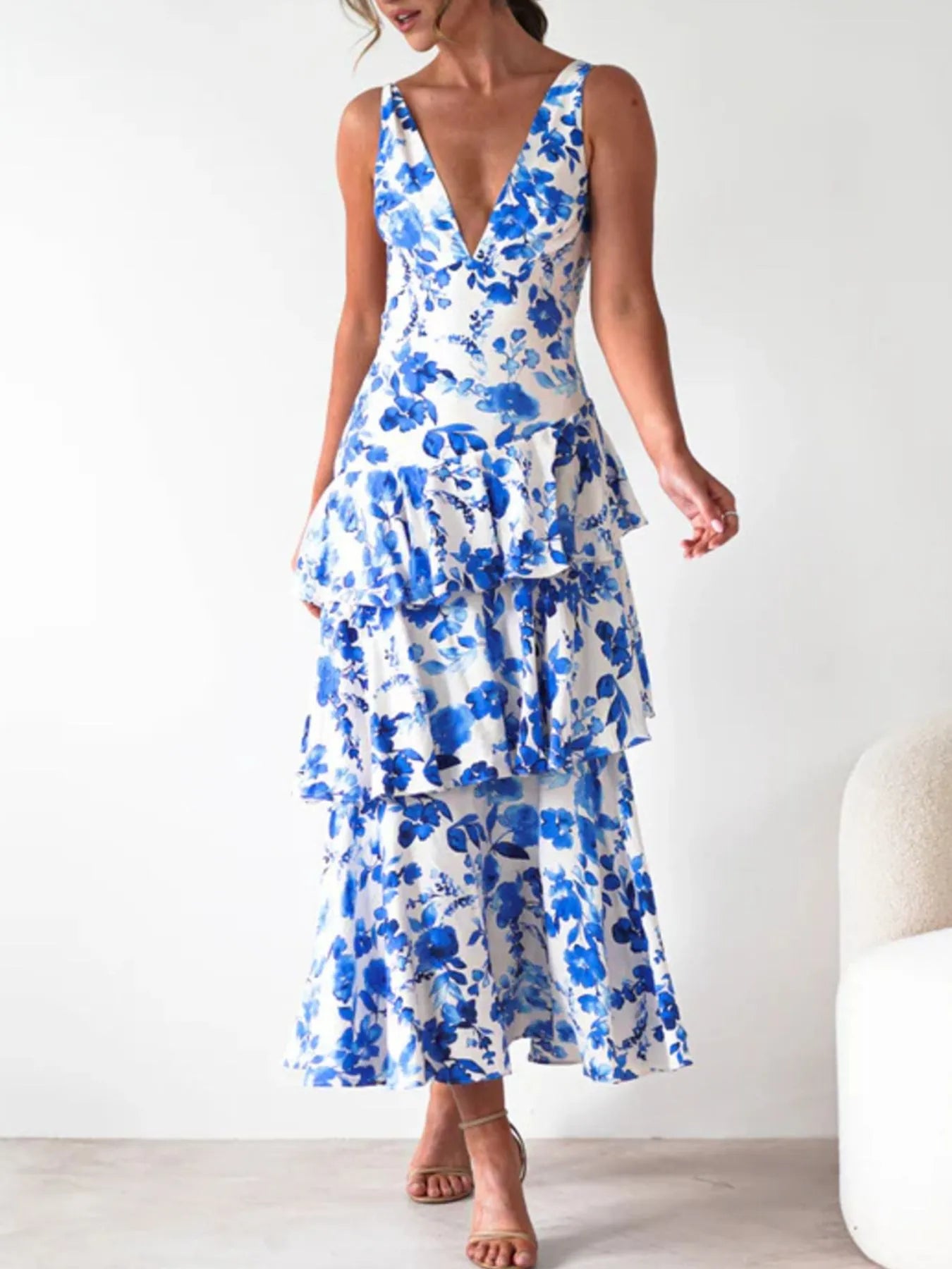 Image of Ruffled Layered Floral Deep V-Neck Dress | Queeble.shop
