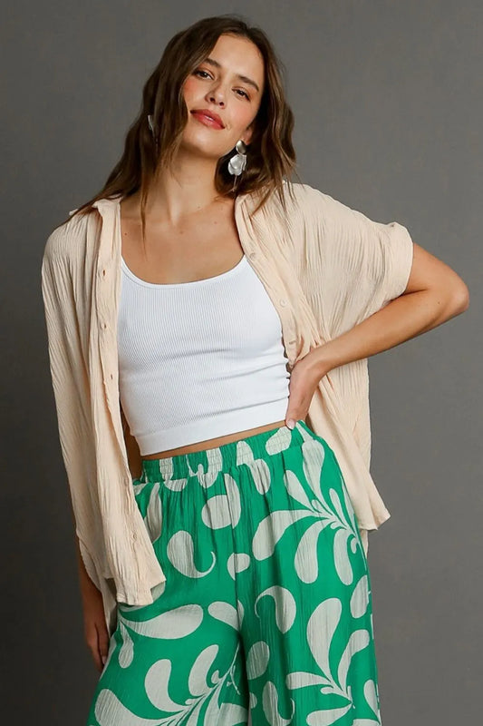 Image of Umgee Full Size Textured Button Down Short Sleeve Shirt Plus Size | Queeble.shop